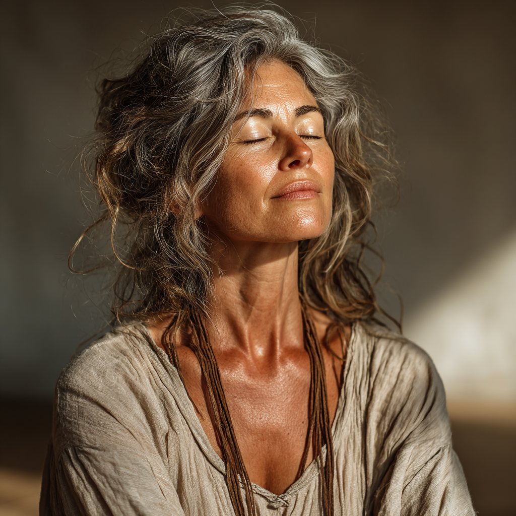 A woman in her late 40s with grey-streaked hair practicing yoga in a peaceful studio with natural light, wearing comfortable beige clothing, demonstrating a gentle seated pose with eyes closed and serene expression